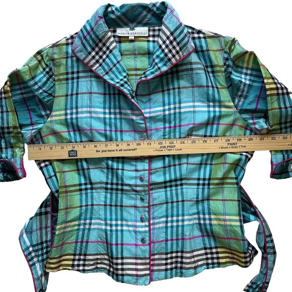 Marisa Baratelli 100% Thai Silk Tie Bow Waist Jacket Top Blouse Size 12 Plaid - Picture 12 of 14